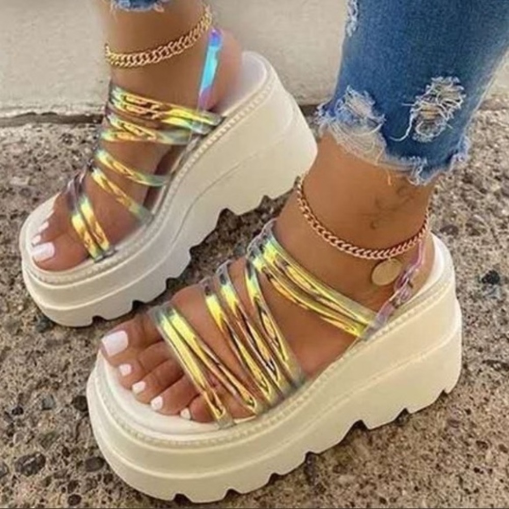 White Iridescent Strappy White Chunky Thick Platform Spice Girls Sandals size 39